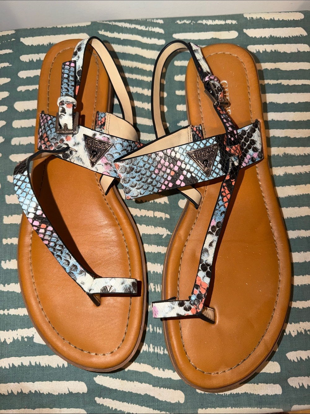 Guess Multicolor Snake-Print Leather T-Strap Sandals with Tan Footbed